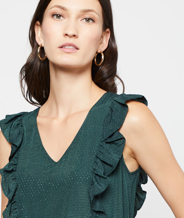 Dobby mesh blouse with ruffles peacock blue.