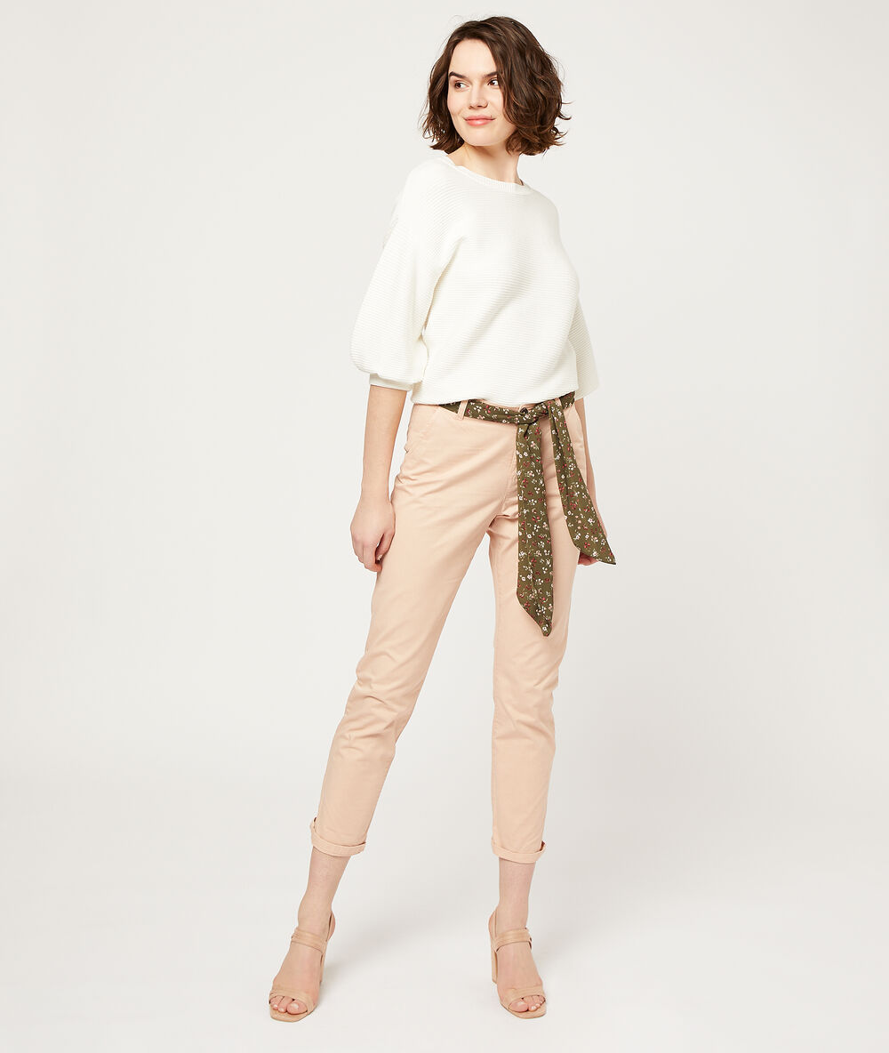 Straight leg trousers with scarf belt blush.