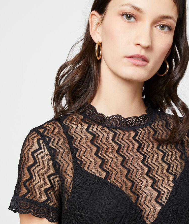 Guipure top in a sheer look black.