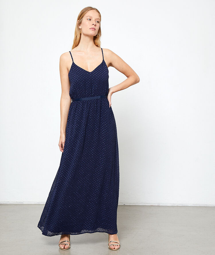 Maxi dress in dobby mesh navy blue.