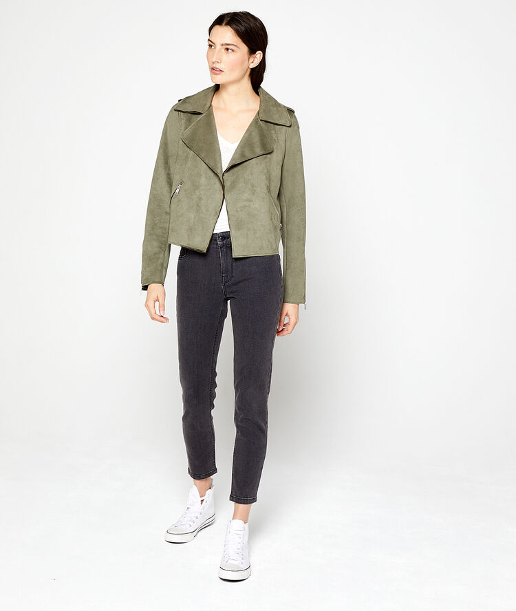 Biker jacket in a suede effect khaki.
