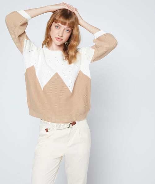 Pull graphique en maille fine camel.