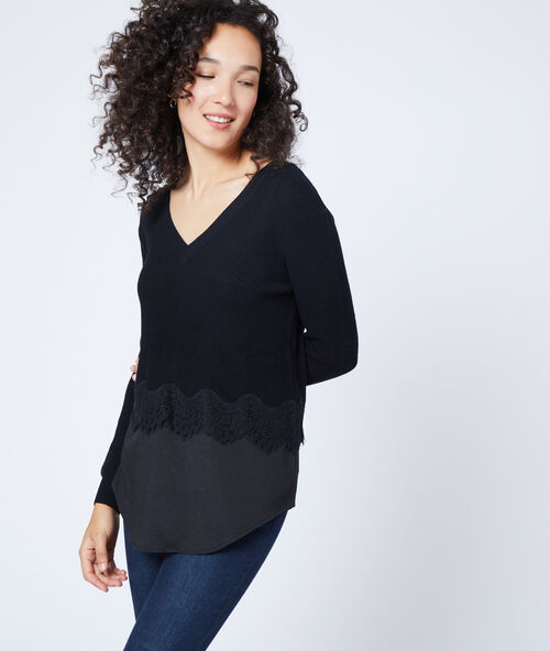 Pull &agrave; dentelle guipure noir.