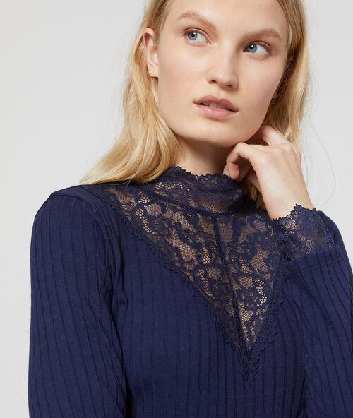 Guipure neck ribbed top navy.