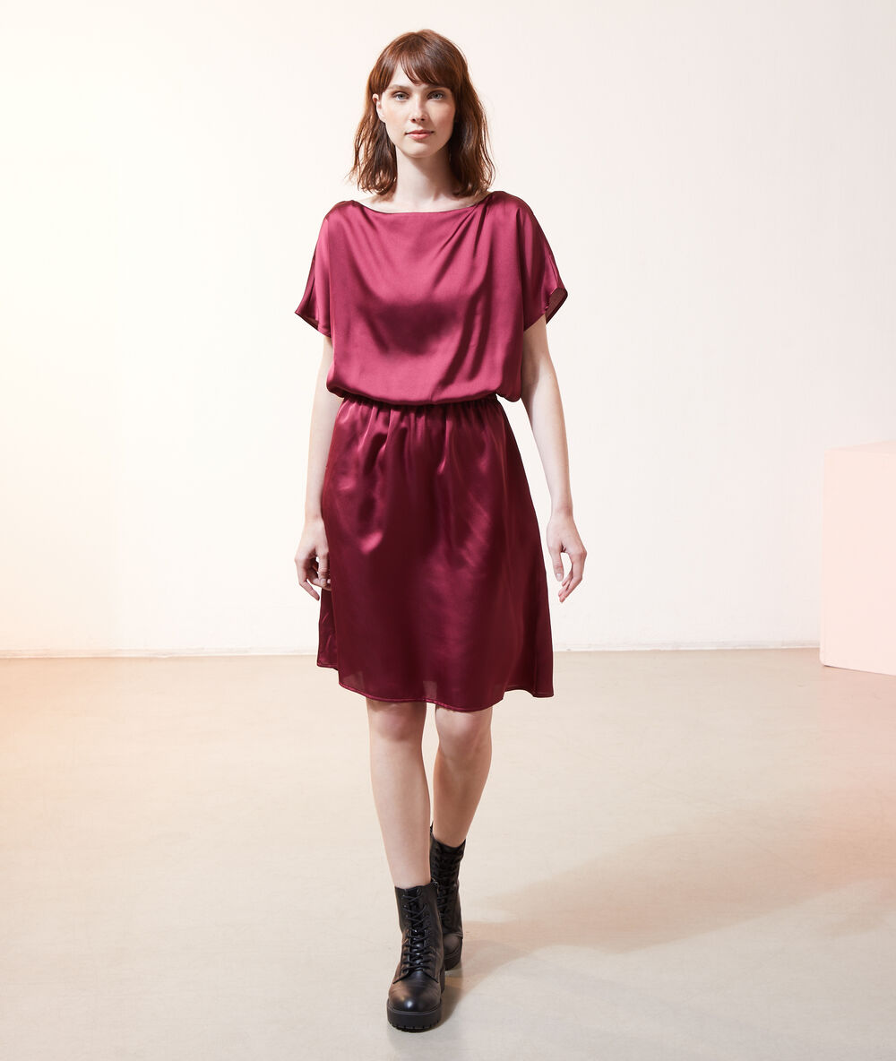 Robe midi satinée 2 en 1 - brassière intégrée prune.