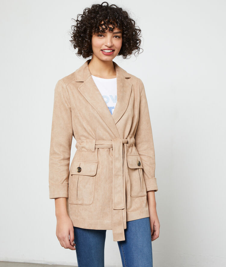 Short length trench in a suede effect dark camel.