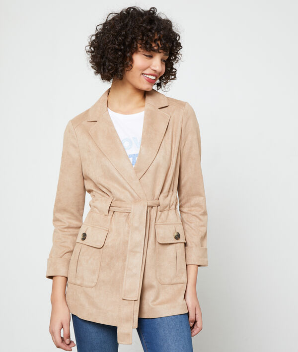 Short length trench in a suede effect Short length trench in a suede effect