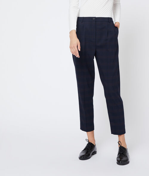 Pantalon droit &agrave; carreaux marine.