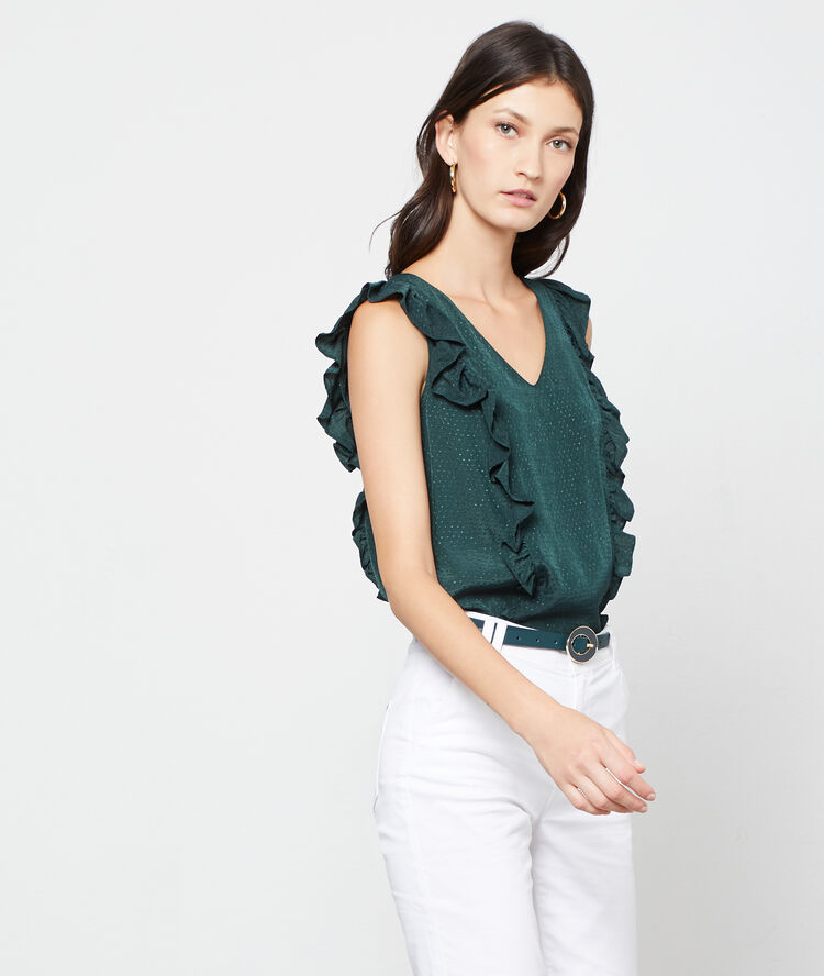 Dobby mesh blouse with ruffles peacock blue.