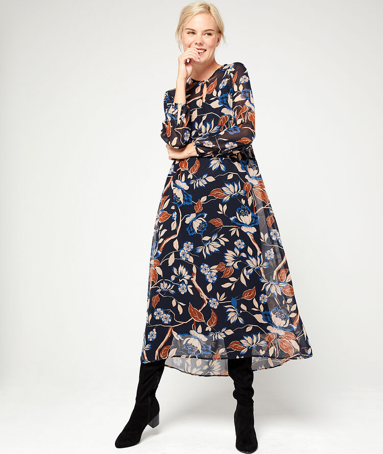 Robe longue à imprimé floral marine.