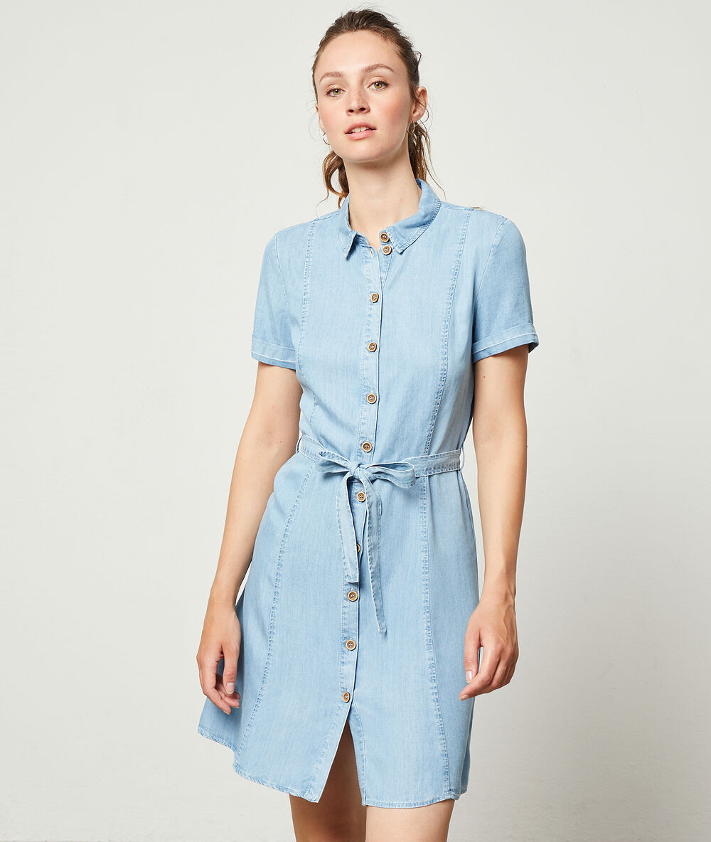 Denim shirt dress blue sky.