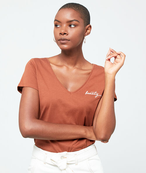 T-shirt brod&eacute; "beauty" savane.
