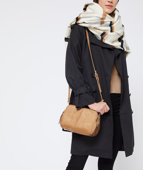 Messenger bag in suede and snake effect camel.