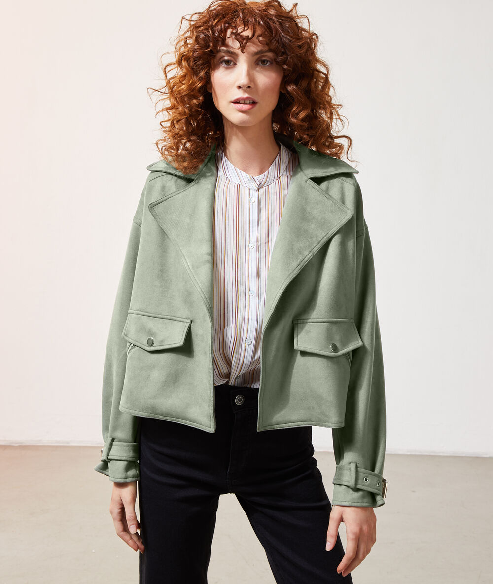 Biker jacket in a suede look khaki.