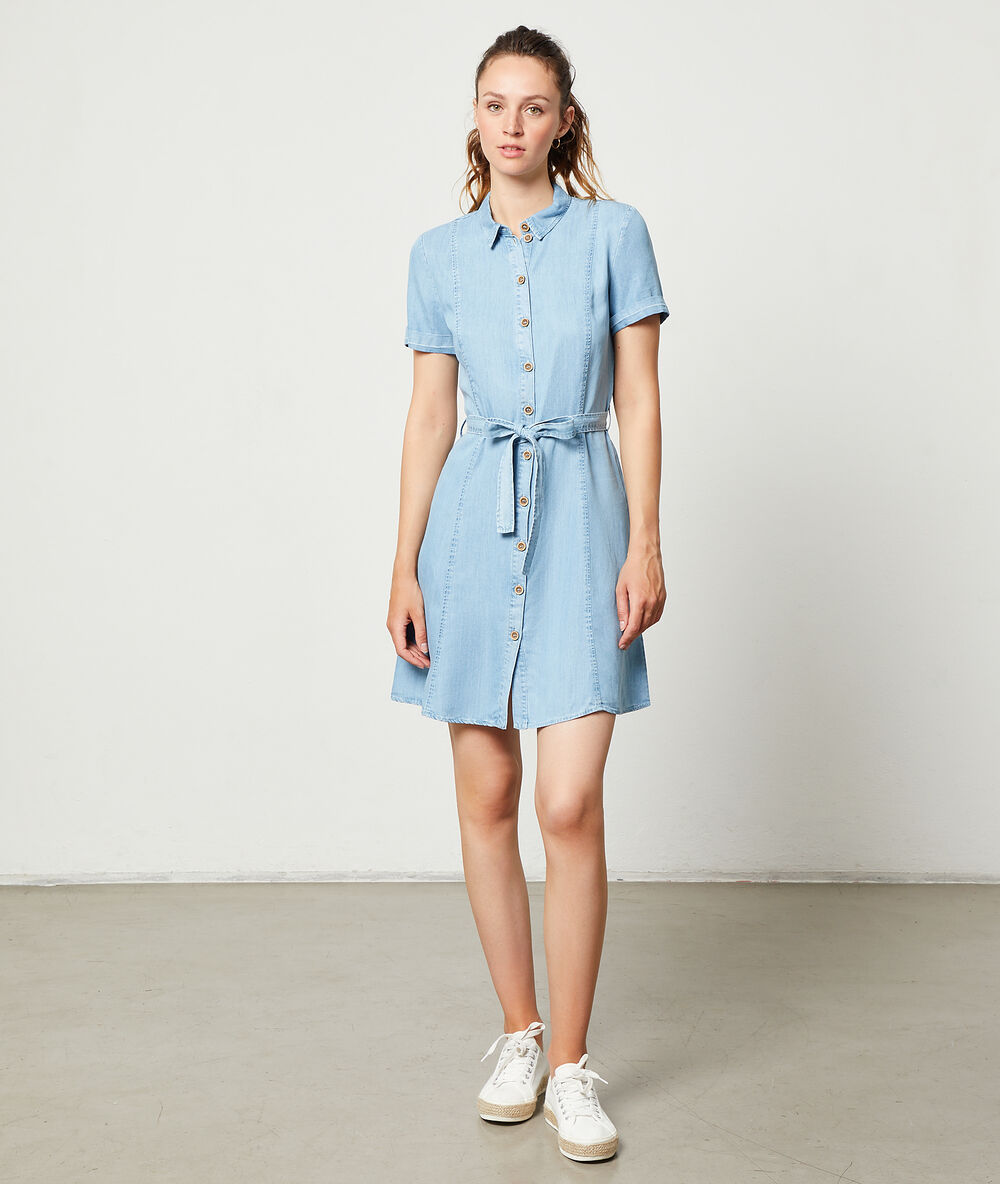 Denim shirt dress blue sky.