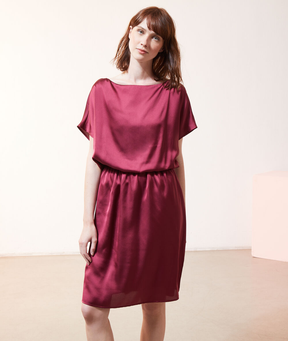 Robe midi satinée 2 en 1 - brassière intégrée prune.