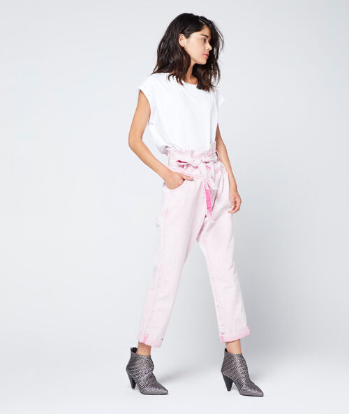 Paper bag trousers in wash effect pink.