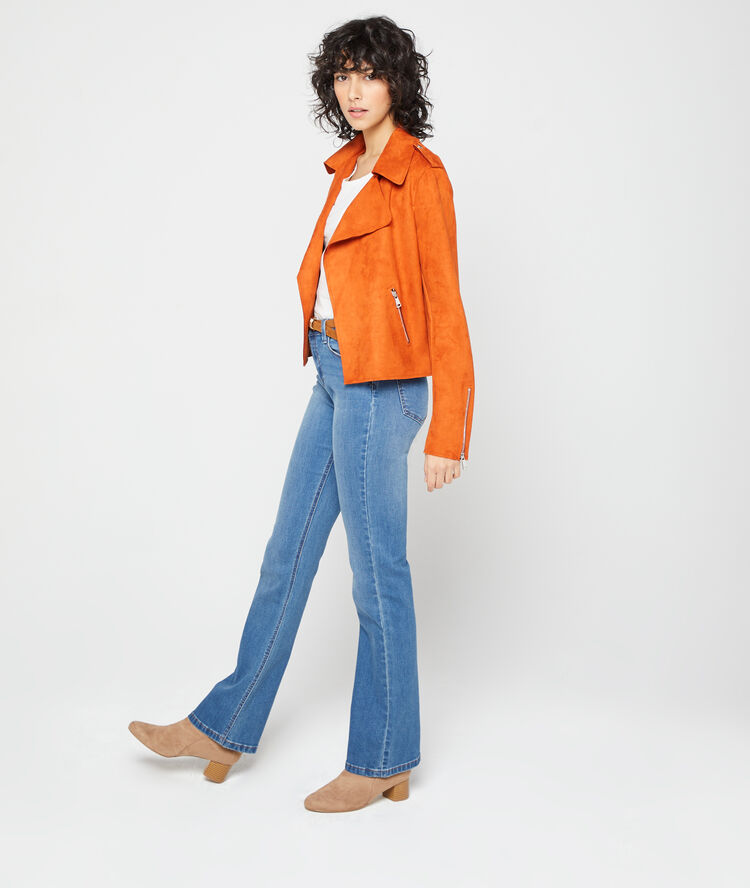 Biker jacket in a suede effect tangerine.