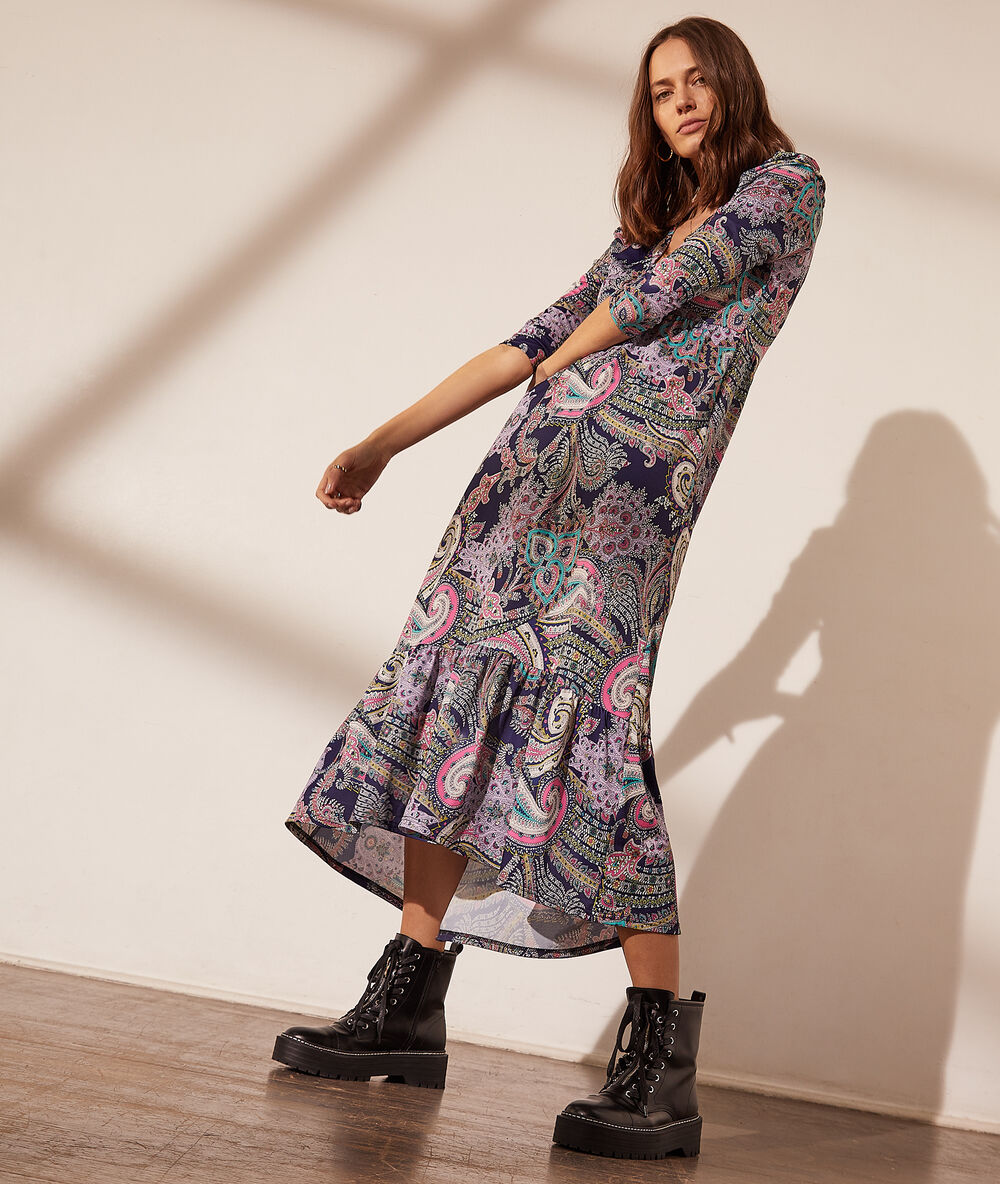 Long printed dress dark stone.