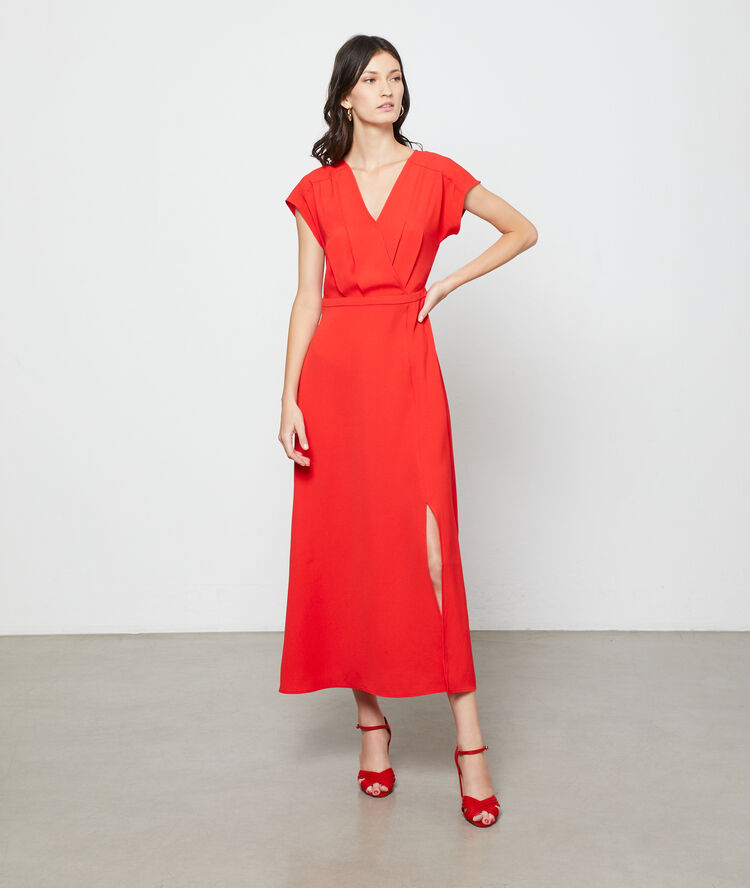 Heeled sandals in a suede look geranium.
