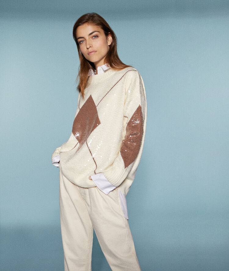 Sequin jumper in graphic print off white.