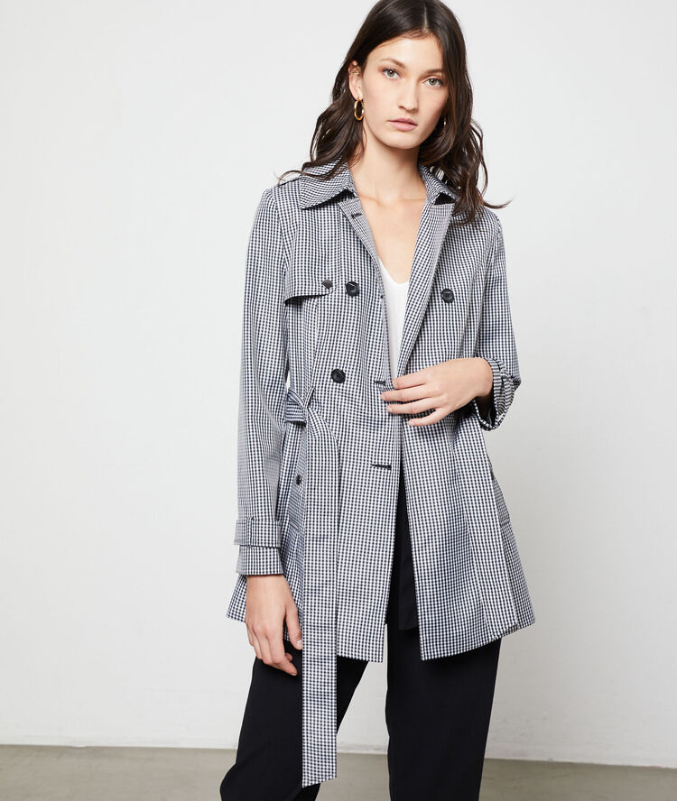 Gingham print trench black.