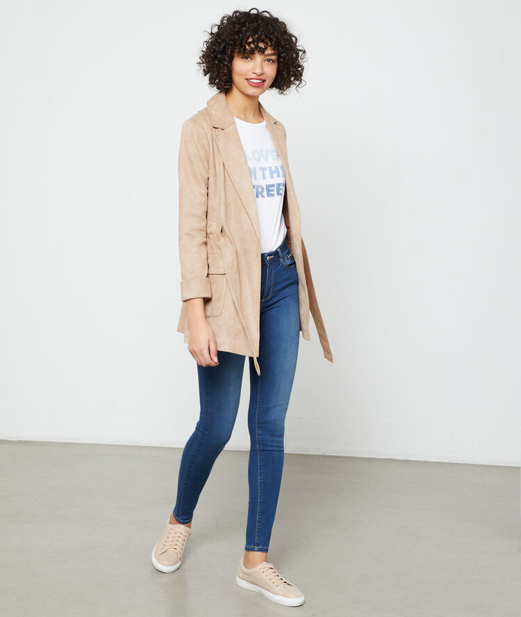 Short length trench in a suede effect dark camel.