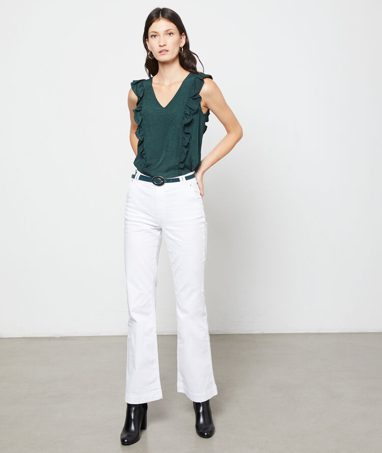 Dobby mesh blouse with ruffles peacock blue.