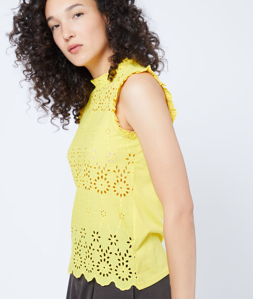 Top &agrave; broderie anglaise en coton lemon.