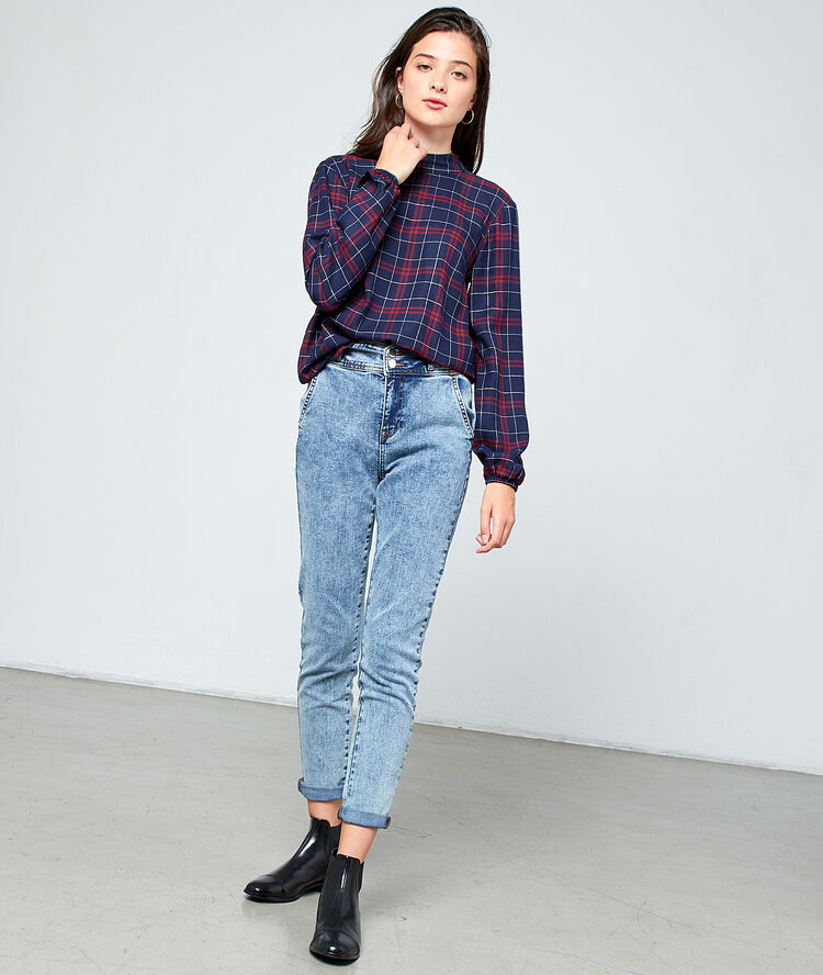 Tie back blouse in check navy.