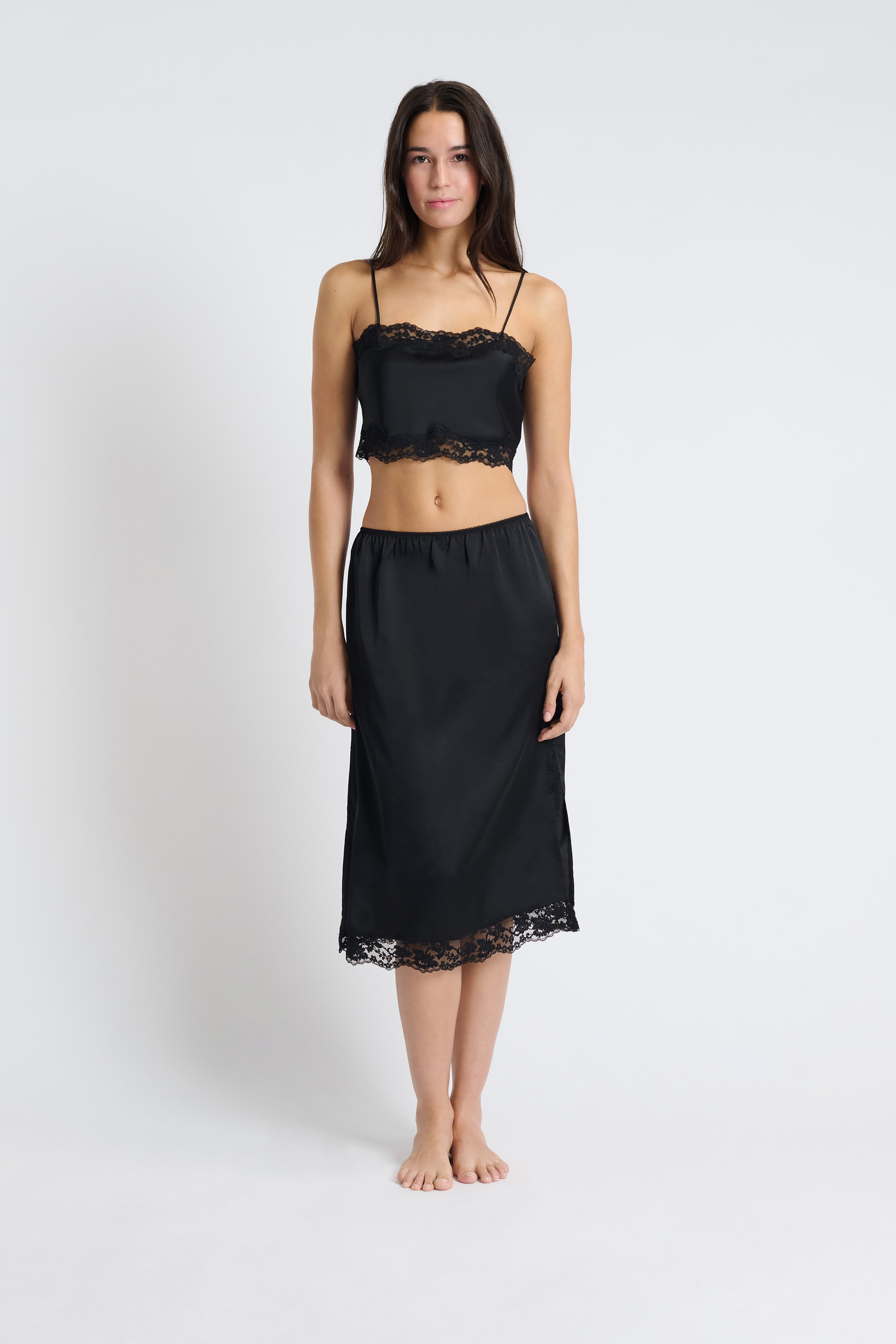 Satin pyjama skirt with lace details - REVELATION - NOIR - ETAM