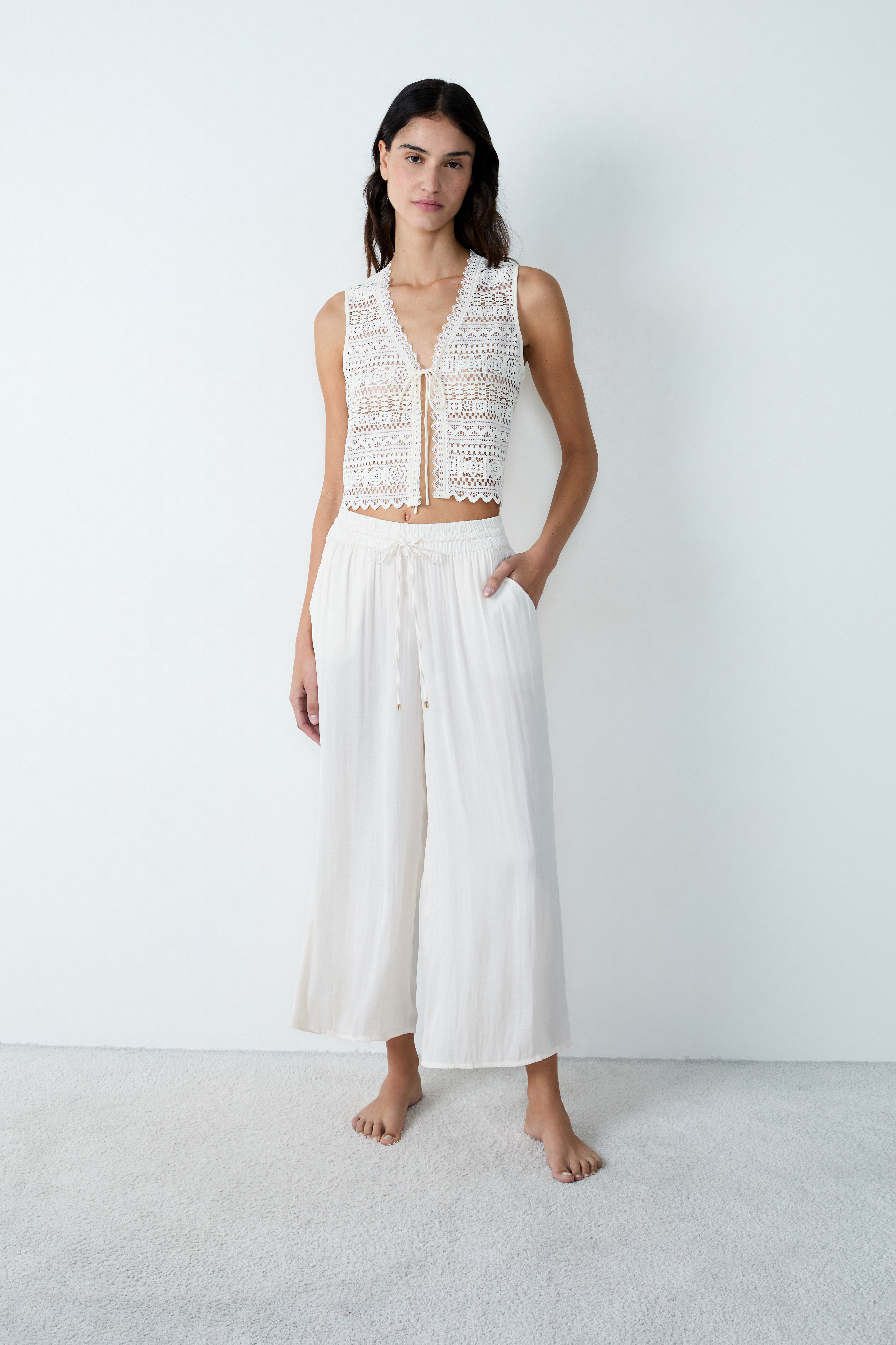 Lace Tank Top with Tie - BARROS - ECRU - ETAM