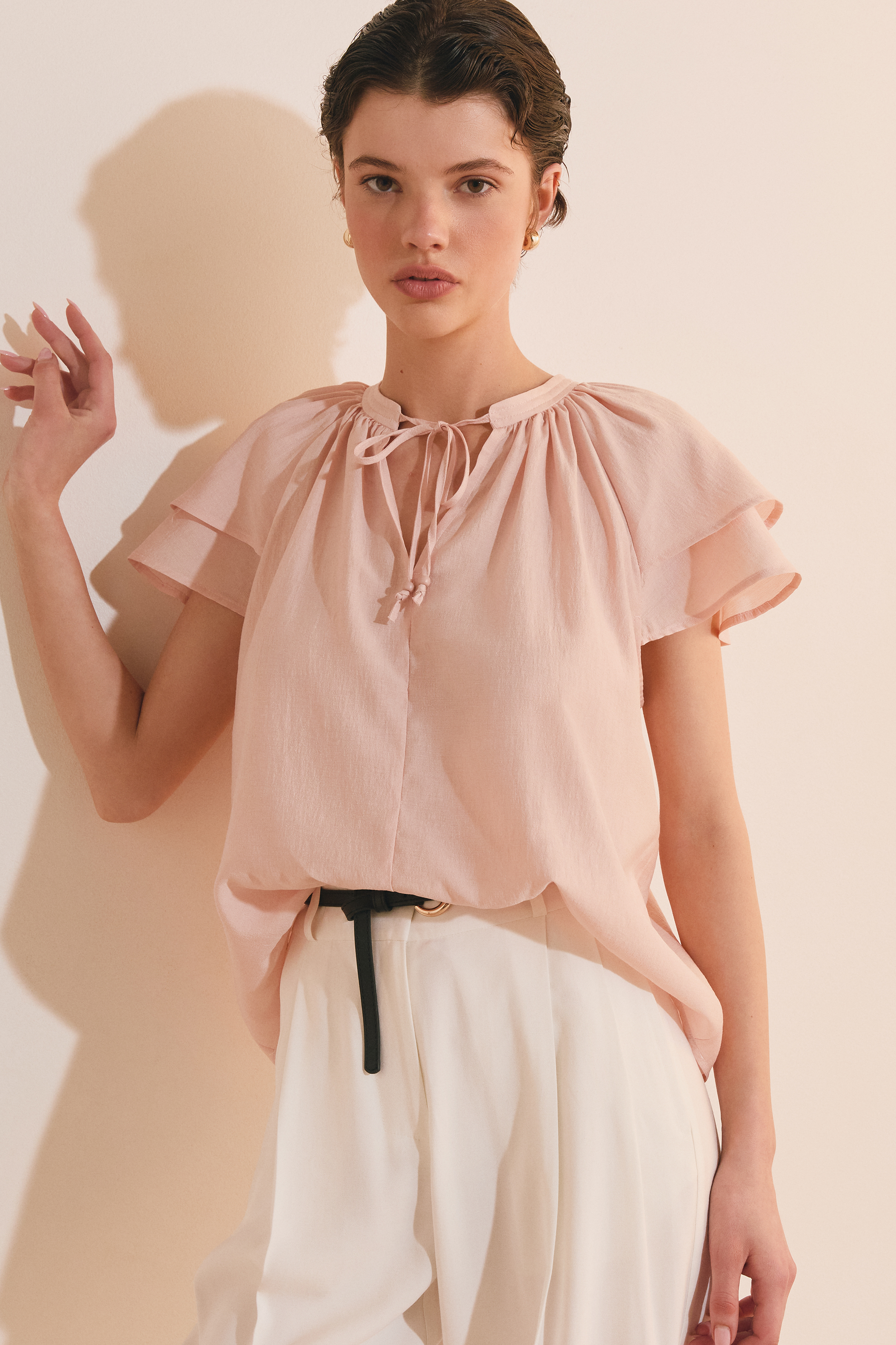 Ruffled Tie-Front Flowy Top - HEDITH - SAUMON PECHE - ETAM
